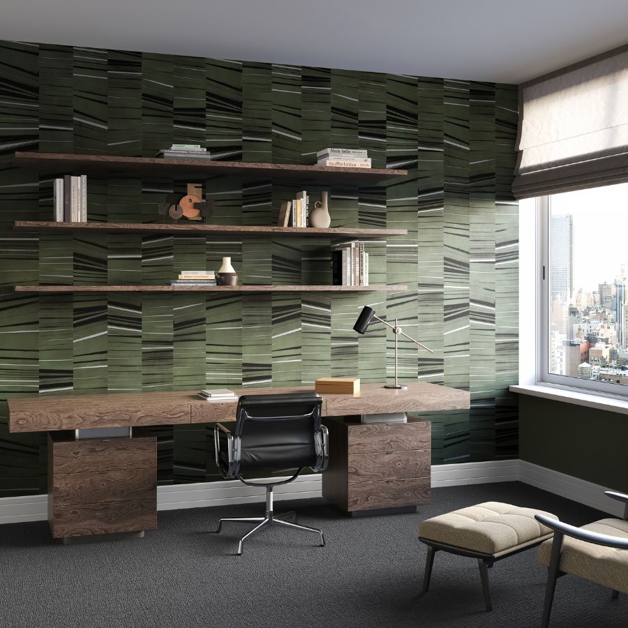 Horizontal stripes of varying widths are placed in alternating angles to form the bold pattern of Costa. The rich background colors are enhanced by black stripes and contrasting hues that add a pop of color and movement. The mixed striped pattern is digitally printed on a type II vinyl wallcovering with a soft texture, adding dimension to the graphic three-panel mural.