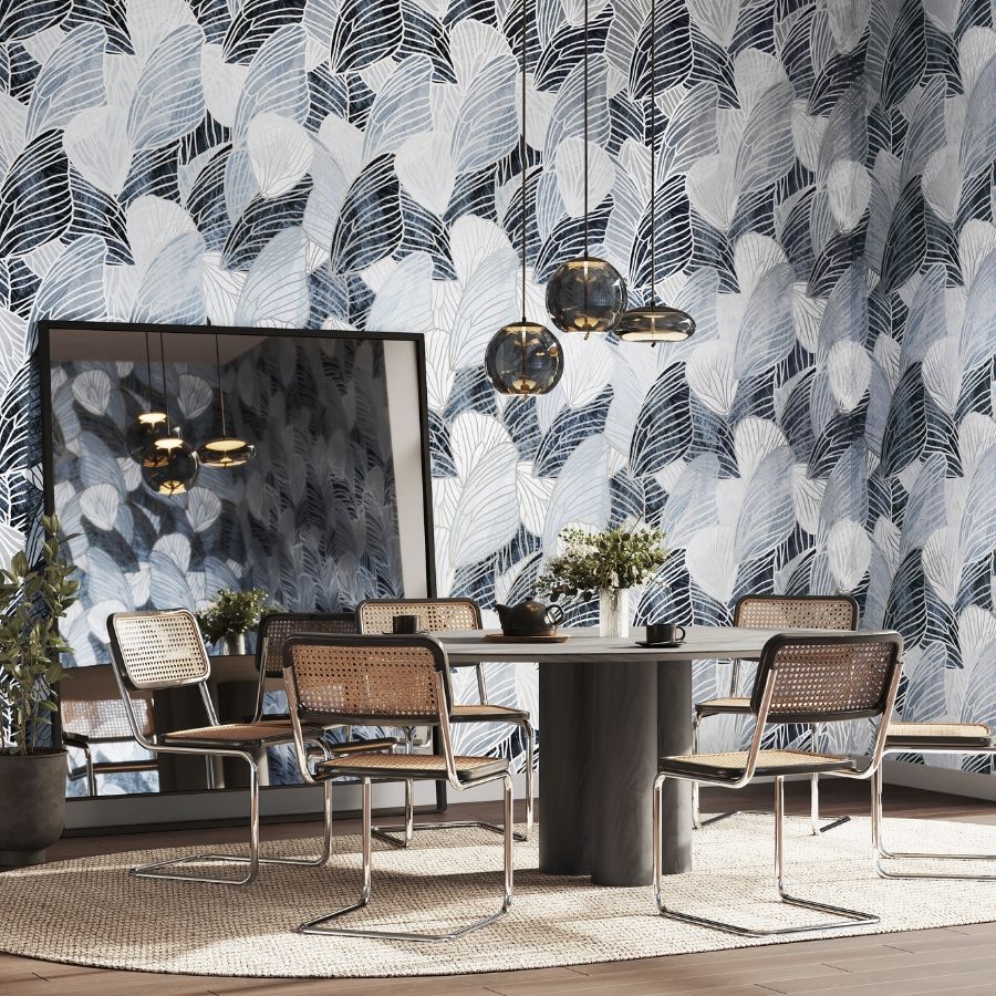 The allover wing pattern of Skylark is printed using layered ink in varying levels of opacity to allow the metallic foil to subtly shine though this type II vinyl wallcovering. Soft gradients of color enhance the ethereal beauty of the wing, in hues of blue, green, beige, or gray. Whether adorning the walls of a hospitality project or adding a bold pattern to a residential space, Skylark brings a sense of wonder and nature’s artistry.