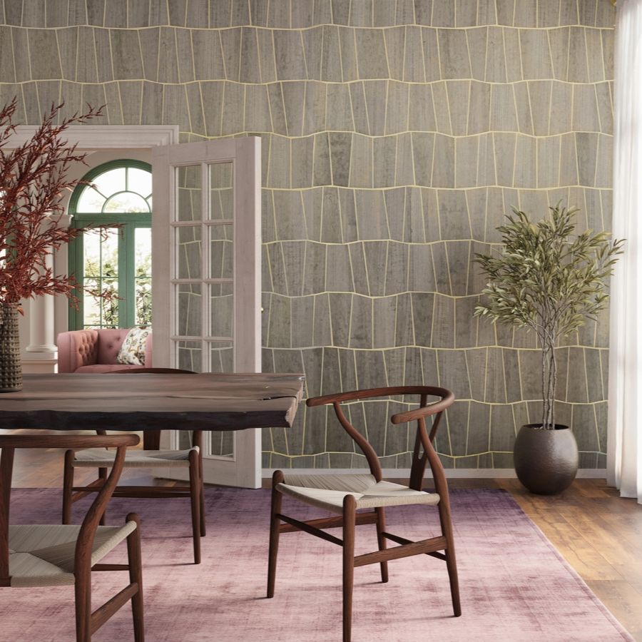 Tangier takes a contemporary approach to traditional mark-making, assembling geometric wood veneer pieces in an unpredictable style through a unique die-cut process.  The wood pieces are laminated to a silver or gold foil backing that peeks through and creates dynamic geometric shapes that enhance the movement of the pattern.