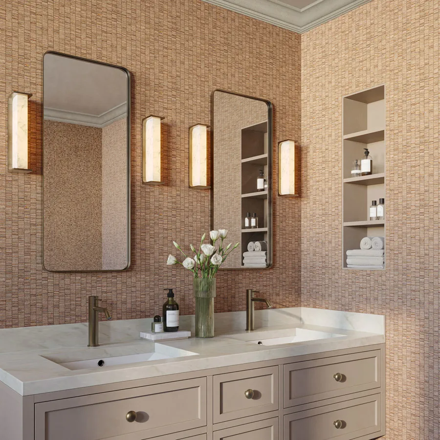 Ravenna captures the authentic look of woven bark while offering the practical advantages of a vinyl wallcovering. Its linear pattern evokes a traditional tatami weave, where fine threads of subtle tonal variation are accented by a lustrous metallic backing. The surface’s soft shimmer complements its gently raised texture, creating a sense of depth. Available in a spectrum of tones from muted mineral shades to richer, vibrant hues, Ravenna introduces layered intricacy to any interior.