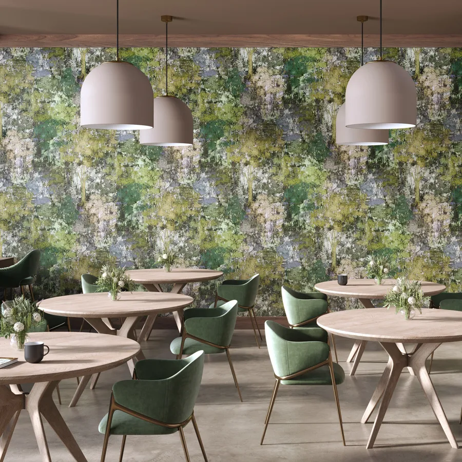 Cedar evokes the lush density of a forest with a composition that feels layered, intricate and alive. The design captures the complex interplay of trees, textures and shifting colors in a pattern that appears both vibrant and refined. Digitally printed on subtly lustrous polyester strings, Cedar reveals a soft sheen that enhances its dimensional quality. The bold pattern envelops interiors in warmth and richness, creating an atmosphere of natural sophistication.