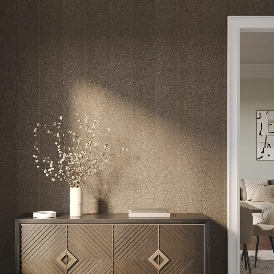 Hawthorne explores the beauty of textured embossing through a large-scale chevron pattern that feels both timeless and tailored. The design creates bold vertical lines that catch the light in shifting ways, enhancing its dimensional quality. A palette inspired by woodgrain and soft linen hues offers a refined warmth with natural elegance. This Type II vinyl wallcovering brings a sophisticated balance of texture and durability to modern interiors.