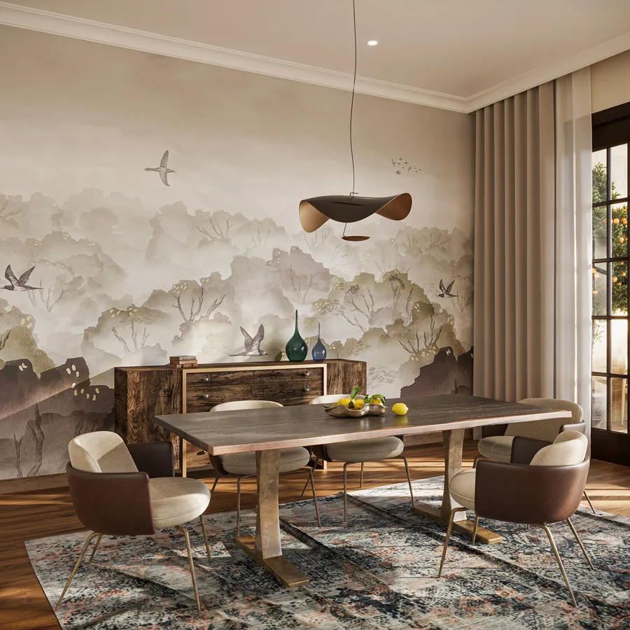 Denali is an immersive mural inspired by the misty stillness of cloud forests, where layers of treetops dissolve into a drifting haze. Each element of the design is hand-drawn then individually scanned and brought to life through digital printing on soft cotton strings, offering a unique texture that’s both tactile and refined. The design forms a seamless composition that surrounds interiors in a deeply atmospheric and serene visual experience.